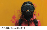 A man in a gas mask with large round lenses, creating an ominous and mysterious image. The character's hair is wet and disheveled, as if after rain or in high humidity. He is dressed in a red jacket with a hood and tactical belts, which gives him the appearance of a survivor in a post-apocalyptic world. The background is made in a rich yellow color with chaotic splashes of red paint, creating a sense of danger, chaos and an unsettling atmosphere. Стоковое AI-изображение, AI-художник Анна Кривицкая / Фотобанк Лори