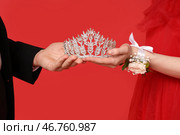 Красивая пара на выпускном держит диадему на красном фоне. Стоковое фото, фотограф Pixel_shot / Фотобанк Лори