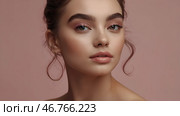Beautiful portrait of a natural girl on a neutral pink background. Cosmetology, skin care, facial care and makeup. Стоковое AI-изображение, AI-художник Photojuli / Фотобанк Лори
