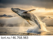 The breakthrough of a gray humpback whale from the water. A huge whale jumps out of the water. Whale watching in the ocean. Стоковое AI-изображение, AI-художник Photojuli / Фотобанк Лори