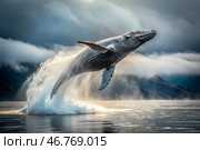 The breakthrough of a gray humpback whale from the water. A huge whale jumps out of the water. Whale watching in the ocean. Стоковое AI-изображение, AI-художник Photojuli / Фотобанк Лори