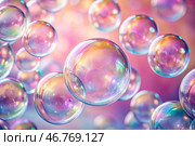 The banner. Festive background with shimmering, shiny, iridescent transparent soap bubbles. Beautiful side. Стоковое AI-изображение, AI-художник Photojuli / Фотобанк Лори