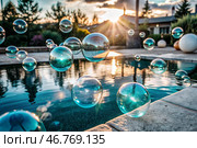 The banner. Festive background with shimmering, shiny, iridescent transparent soap bubbles. Beautiful side. Стоковое AI-изображение, AI-художник Photojuli / Фотобанк Лори