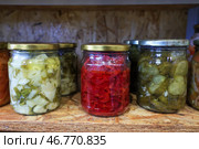 Стеклянные банки с консервированными продуктами на полке в кладовке. Стоковое фото, фотограф Наталья Шатохина/NEWS.ru / ТАСС / Фотобанк Лори