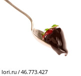 Ложка с вкусной клубникой и растопленным шоколадом на белом фоне. Стоковое фото, фотограф Pixel_shot / Фотобанк Лори