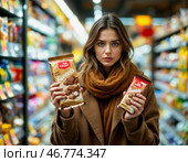 Молодая женщина удивлена разницей в весе и цене шоколадок в магазине. Шринфлякция. Стоковое AI-изображение, AI-художник Сергей Никифоров-Гордеев / Фотобанк Лори