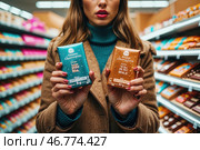 Молодая женщина с удивлением изучает товары в магазине, сравнивая размеры и ценники на шоколад. Шринфлякция. Стоковое AI-изображение, AI-художник Сергей Никифоров-Гордеев / Фотобанк Лори