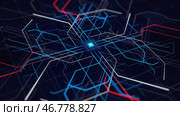 Centralized diagram with moving neon lines of computer system. Стоковая иллюстрация, иллюстратор David Kashakhi / Фотобанк Лори