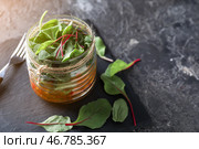 Вкусный овощной салат в масонной баночке на грифельной тарелке. Стоковое фото, фотограф Pixel_shot / Фотобанк Лори