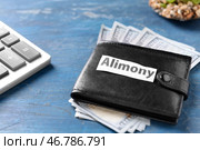Кошелек, деньги и бумага с текстом ALIMONY на столе. Стоковое фото, фотограф Pixel_shot / Фотобанк Лори