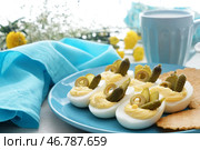 Тарелка с вкусными вареными яйцами на столе. Стоковое фото, фотограф Pixel_shot / Фотобанк Лори