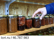 Стеклянные банки с консервированными продуктами на полке в кладовке. Стоковое фото, фотограф Наталья Шатохина/NEWS.ru / ТАСС / Фотобанк Лори