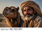 Camel and camel driver in the desert. Portrait. Стоковое AI-изображение, AI-художник Александр Поташев / Фотобанк Лори