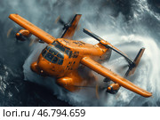 A bright orange seaplane landing or taking off from a water surface. The powerful propellers create spectacular water spray, and the body of the aircraft looks strong and slightly battered, emphasizing its operation in difficult conditions. The dynamic composition and powerful aerodynamics create the effect of movement and strength. In the cockpit, the silhouettes of the crew are visible, controlling this impressive aircraft. The atmosphere of the frame is reminiscent of a rescue operation or a military mission. Стоковое AI-изображение, AI-художник Анна Кривицкая / Фотобанк Лори