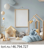 A cozy children's room in pastel colors, decorated in the style of Scandinavian minimalism. The walls are painted in a soft blue color. In the center hangs an empty wooden frame, designed to accommodate a poster or painting. The room is filled with soft toys, decorative pillows and textiles in light blue, gray and beige shades. There is a round carpet on the floor, and toy wooden elements are placed nearby. The sleeping area is made in the form of a house, decorated with air toys and decorative elements. Стоковое AI-изображение, AI-художник Анна Кривицкая / Фотобанк Лори