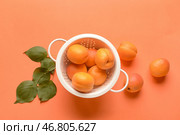 Дуршлаг с вкусными спелыми абрикосами на цветном фоне. Стоковое фото, фотограф Pixel_shot / Фотобанк Лори