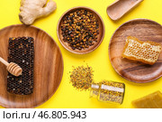 Различные продукты пчеловодства с имбирем на цветном фоне. Стоковое фото, фотограф Pixel_shot / Фотобанк Лори