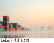 Морской порт и туман. Стоковое AI-изображение, AI-художник Boostport / Фотобанк Лори