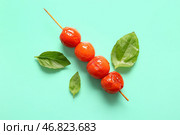 Шампур с вкусными гриль-помидорами и базиликом на бирюзовом фоне. Стоковое фото, фотограф Pixel_shot / Фотобанк Лори