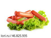 Вкусные тонкие сосиски с листьями салата на белом фоне. Стоковое фото, фотограф Pixel_shot / Фотобанк Лори