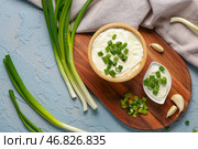 Миска и соусник с вкусной сметаной и нарезанным зеленым луком на голубом фоне. Стоковое фото, фотограф Pixel_shot / Фотобанк Лори