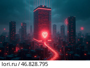 Футуристический городской пейзаж с неоновыми огнями и светящимся символом сердца на фоне высоких зданий. Стоковое AI-изображение, AI-художник Елена Болотина / Фотобанк Лори