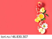 Сочинение с миской меда, фруктами и цветами на красном фоне. Празднование Рош ха-Шана (еврейский Новый год) Стоковое фото, фотограф Pixel_shot / Фотобанк Лори