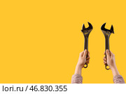 Женская рука, держащая регулируемые гаечные ключи на желтом фоне. Стоковое фото, фотограф Pixel_shot / Фотобанк Лори