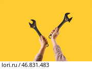 Женская рука, держащая регулируемые гаечные ключи на желтом фоне. Стоковое фото, фотограф Pixel_shot / Фотобанк Лори