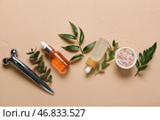 Бутылки косметического масла с веточками растений и массажером на бежевом фоне. Стоковое фото, фотограф Pixel_shot / Фотобанк Лори