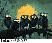 Five funny, ruffled crows sitting on a branch. Their facial expressions are different - some are squinting, some look surprised, and some are just absent-minded. The background is done in dark green shades with a large yellow moon, creating a mystical, but at the same time comical atmosphere. The branches of trees without leaves add a bit of a gothic ambience to the picture, but the main emphasis is on the absurdity and fun of the birds. Стоковое AI-изображение, AI-художник Анна Кривицкая / Фотобанк Лори