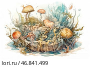 A watercolor illustration depicting a fantastic underwater world that combines elements of the marine and fungal ecosystem. The composition intertwines seaweed, corals, mushrooms with long stems, shells and marine organisms, creating a sense of a living, organic world. The color palette includes soft shades of blue, beige and orange, giving the painting an airy and light feel. The visual style is reminiscent of fairy-tale illustrations, filled with detailed elements and smooth lines. Стоковое AI-изображение, AI-художник Анна Кривицкая / Фотобанк Лори