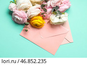 Красивые цветы ранункулюса с эвкалиптом и конвертами на бирюзовом фоне. Стоковое фото, фотограф Pixel_shot / Фотобанк Лори