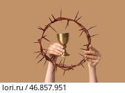 Женские руки с венком из терновника и чашей на цветном фоне, крупным планом. Концепция Страстной пятницы. Стоковое фото, фотограф Pixel_shot / Фотобанк Лори