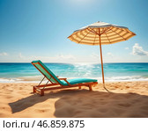 Пляж с голубой водой и шезлонгом. Стоковое AI-изображение, AI-художник Boostport / Фотобанк Лори