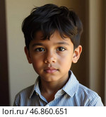 A young boy, residing in India, gazes thoughtfully with bright eyes. His striped shirt complements the warm ambiance of his surroundings, evoking a sense of innocence and wonder. Стоковое AI-изображение, AI-художник Юлия Петровская / Фотобанк Лори