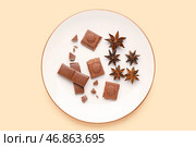 Тарелка с вкусным шоколадом и анисовыми звездочками на цветном фоне. Стоковое фото, фотограф Pixel_shot / Фотобанк Лори