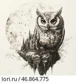 A mysterious black and white illustration done in a graphic style. In the center of the composition is a large owl with a piercing gaze and detailed feathers. It sits on an island hovering in the air, on which a majestic Gothic castle with high spires is located. In the background, a huge full moon is visible, creating a mystical atmosphere. Flocks of birds circle in the sky, and the bare branches of the trees give the drawing a gloomy, mysterious shade. The overall composition resembles scenes from fantasy worlds or engravings in the style of old occult illustrations. Стоковое AI-изображение, AI-художник Анна Кривицкая / Фотобанк Лори