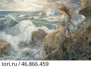 A girl sitting on a rock by the raging sea. Her long, curly hair flutters in the wind, and her face expresses thoughtfulness and slight sadness. She is dressed in an old dress with an exquisite pattern that harmonizes with the natural palette of the surrounding world. The excitement of the waves, the stormy sky with clouds and the power of the elements create an atmosphere of romanticism and melancholy. Seabirds are visible in the distance, enhancing the feeling of freedom and the vastness of the ocean. The painting is done in a detailed watercolor style with elements of fairy-tale and mythological aesthetics. Стоковое AI-изображение, AI-художник Анна Кривицкая / Фотобанк Лори