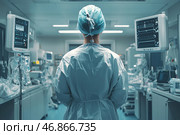 A doctor or surgeon stands in an operating room or intensive care unit, monitoring patients or medical equipment. He or she is dressed in protective surgical gear, including a gown, cap, and possibly a mask (not visible from the back). Monitors are positioned around him or her, displaying the patient's cardiograms and other vital signs. The atmosphere is sterile, the lighting is cool, and the medical equipment emphasizes the importance of the moment. This symbolizes the responsibility, professionalism, and hard work of medical professionals. Стоковое AI-изображение, AI-художник Анна Кривицкая / Фотобанк Лори