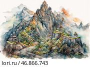 A fantastic mountain landscape with majestic peaks shrouded in light clouds. In the center rises a massive mountain, at its foot and on the slopes are bizarre buildings - ancient castles, temples and towers, reminiscent of Eastern and European architecture. Roads and paths wind between steep cliffs, and trees and bushes with bright foliage are scattered everywhere, giving the image a picturesque and fabulous look. The picture is made in a watercolor style with soft color transitions, creating a magical atmosphere. Стоковое AI-изображение, AI-художник Анна Кривицкая / Фотобанк Лори