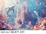 A magical underwater world filled with bright colors and a fairy tale atmosphere. In the center of the composition rises a magnificent underwater castle, covered with corals and algae. Its towers are directed upwards, decorated with whimsical details. Dolphins hover around the castle, surrounded by colorful fish and corals, creating a sense of life and movement. The light penetrating through the thickness of the water fills the scene with a soft shimmer. The atmosphere of underwater fantasy reigns everywhere, as if this is a sunken kingdom of mermaids or ancient Atlantis. Стоковое AI-изображение, AI-художник Анна Кривицкая / Фотобанк Лори