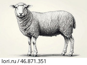 A black and white graphic illustration of a sheep, done in the style of a detailed ink drawing or engraving. The sheep is depicted in full growth, with a fluffy thick coat, conveying its texture with the help of many small lines and hatches. The animal's head is turned towards the viewer, its gaze is calm and slightly curious. The background is minimalist, which emphasizes the classical and artistic style of the image, reminiscent of old anatomical sketches or agricultural illustrations from encyclopedias. Стоковое AI-изображение, AI-художник Анна Кривицкая / Фотобанк Лори