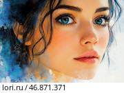 A portrait of a young girl with expressive blue eyes filled with depth and sincerity. Her dark hair is slightly tousled, and warm skin tones highlight her natural beauty. The artistic style of the image resembles a watercolor painting, where soft, smooth transitions of colors are combined with rich blue and black strokes surrounding her face. The background dissolves in a light haze of paint, creating an effect of tenderness and dreaminess. The girl's gaze is filled with mystery, as if she is reflecting on something distant and intimate. Стоковое AI-изображение, AI-художник Анна Кривицкая / Фотобанк Лори