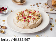 Тарелка вкусной халвы тахини с фисташками на светлом фоне. Стоковое фото, фотограф Pixel_shot / Фотобанк Лори
