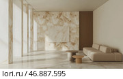 Minimalist interior with elements of luxurious design. The space is decorated in warm beige and cream tones, with natural materials such as marble and wood predominating. The walls and floor are covered with a marble texture with golden veins, creating a sense of elegance. In the center of the room are two small round tables made of stone and wood. To the right is a low modular sofa in a soft neutral shade, in harmony with the overall concept of the space. Light shadows falling through the columns enhance the feeling of airiness and coziness. Стоковое AI-изображение, AI-художник Анна Кривицкая / Фотобанк Лори