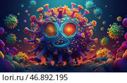 Colorful, complex Covid virus entity in an abstract space. Microbial foes, Infection of FLiRT, XEC pandemic. Microscopic scene - spread and impact of the coronavirus. Стоковое AI-изображение, AI-художник Андрей Ка / Фотобанк Лори