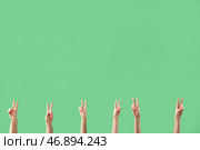 Женские руки, показывающие жест мира на зеленом фоне. Стоковое фото, фотограф Pixel_shot / Фотобанк Лори