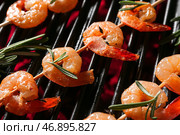 Шашлычки с вкусными креветками и розмарином на гриле, крупным планом. Стоковое фото, фотограф Pixel_shot / Фотобанк Лори