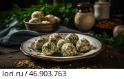 An appetizing dish – cheese balls rolled in fresh herbs and sesame seeds, beautifully laid out on a plate. In the background you can see additional decorative elements: clay jugs, wooden utensils, spices and bunches of fresh herbs, creating the atmosphere of a country kitchen. The lighting is soft and warm, emphasizing the texture of the dish and natural ingredients. The composition is made in the style of food photography with an emphasis on the aesthetics of traditional cooking. Стоковое AI-изображение, AI-художник Анна Кривицкая / Фотобанк Лори